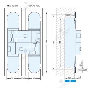 Bisagra Oculta ALFA31 120 Kg 160mm 32mm. INTHER Uso comercial.